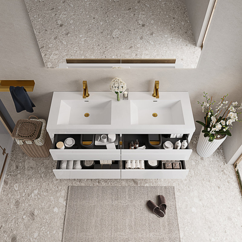 Meuble-lavabo mural moderne avec lavabos doubles, Blanc lustré, 59"