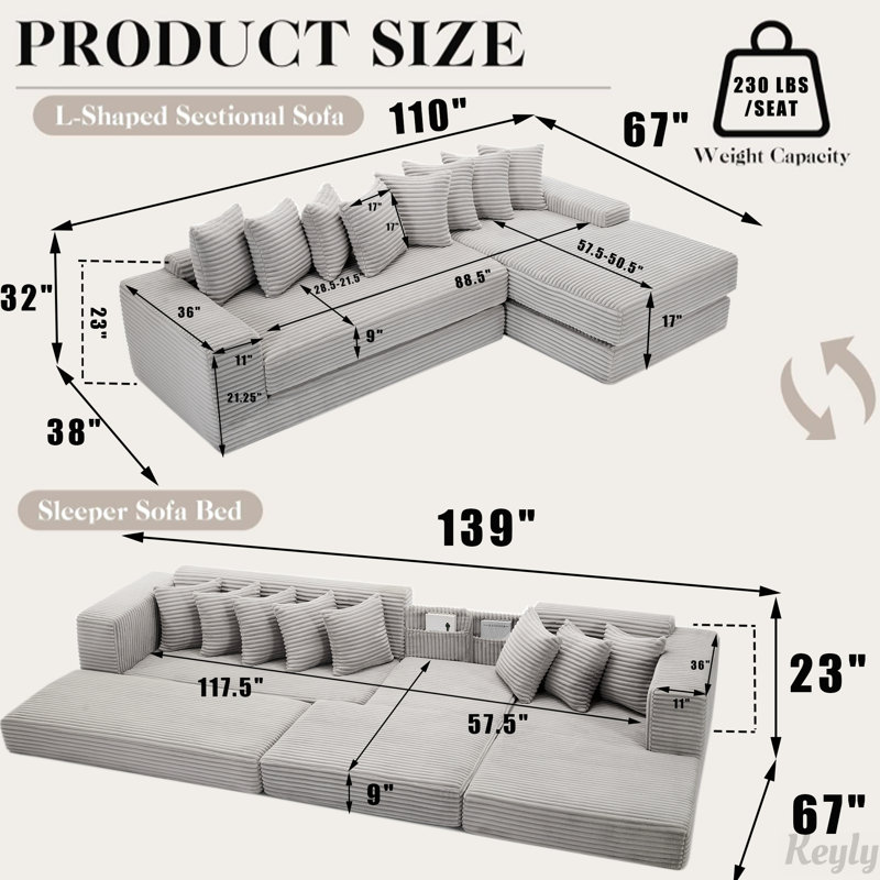 Canapé-lit convertible Oversize, Gris clair