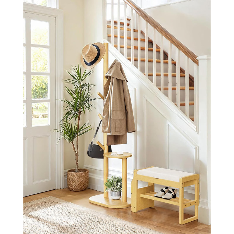 Coat Rack, Freestanding Hall Tree With 8 Hooks ，Storage Shelf, Solid Wood Base, 66.3″ Tall Coat Rack Stand For Coats, Hats, Bag In Entryway, Bedroom, Living Room, Wood