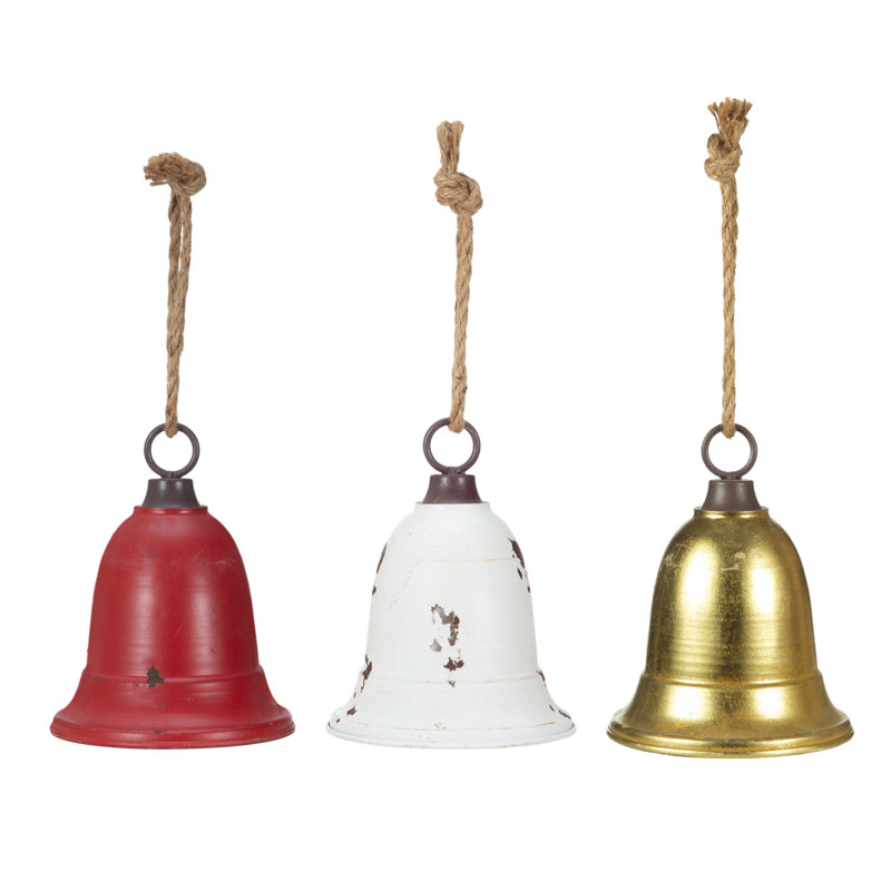 Ornement suspendu en forme de cloche, Rouge / crème / or, H 7 po x l 4,5 po x P 4,5 po