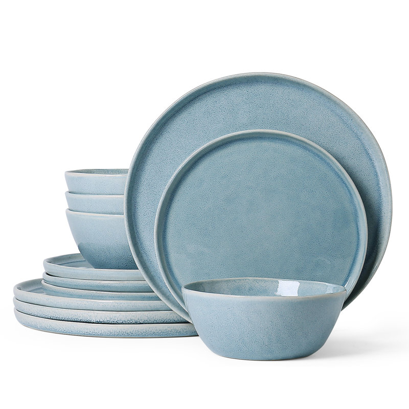 Services de vaisselle en grès 12 pièces Farrar Water Ripple Design, service pour 4, Bleu