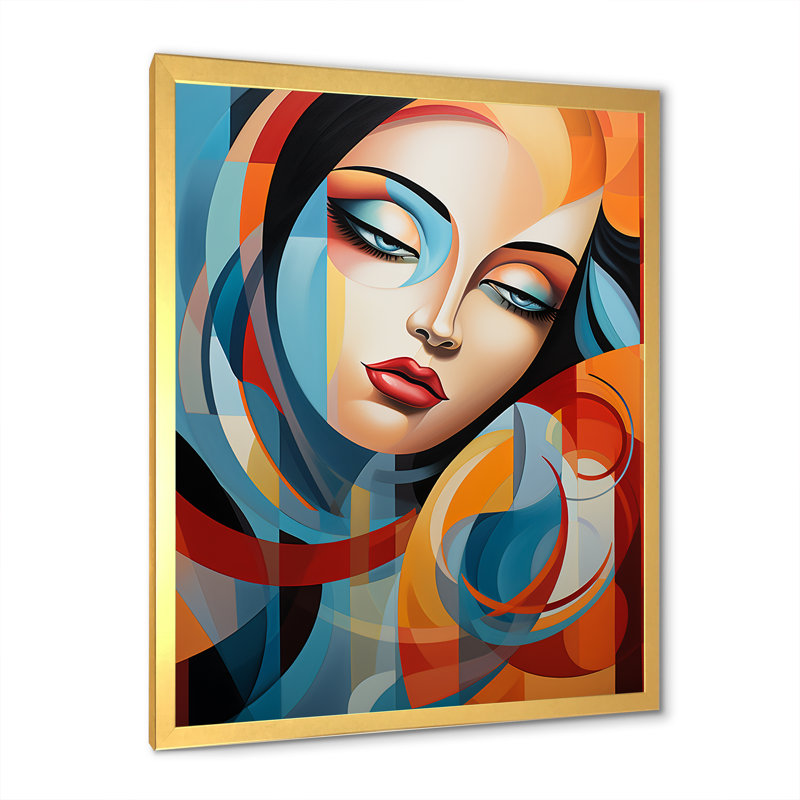 Portrait cubique de femme cubique, reproduction d'art sur toile, Cadre doré simple, H 44 po x l 34 po x P 1,5 po