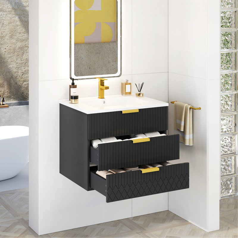 Armoire murale suspendue 24 po avec tiroir double, petit lavabo de salle de bain rectangulaire flottant avec trou de robinet simple et trop-plein, armoire de salle de bain moderne avec lavabo en céramique