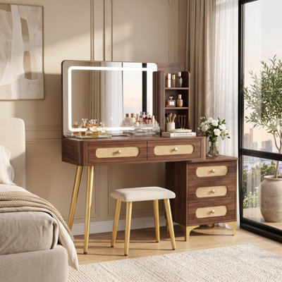 47" Vintage Makeup Vanity with Mirror and Lights, 5 Drawers & Storage Shelves, Rattan Vanity Desk with 3 Color Lighting Modes and Adjustable Brightness