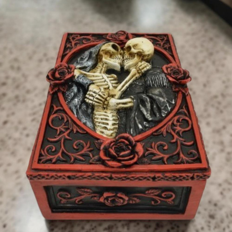 5.75"W Red Skull Couple Trinket Box