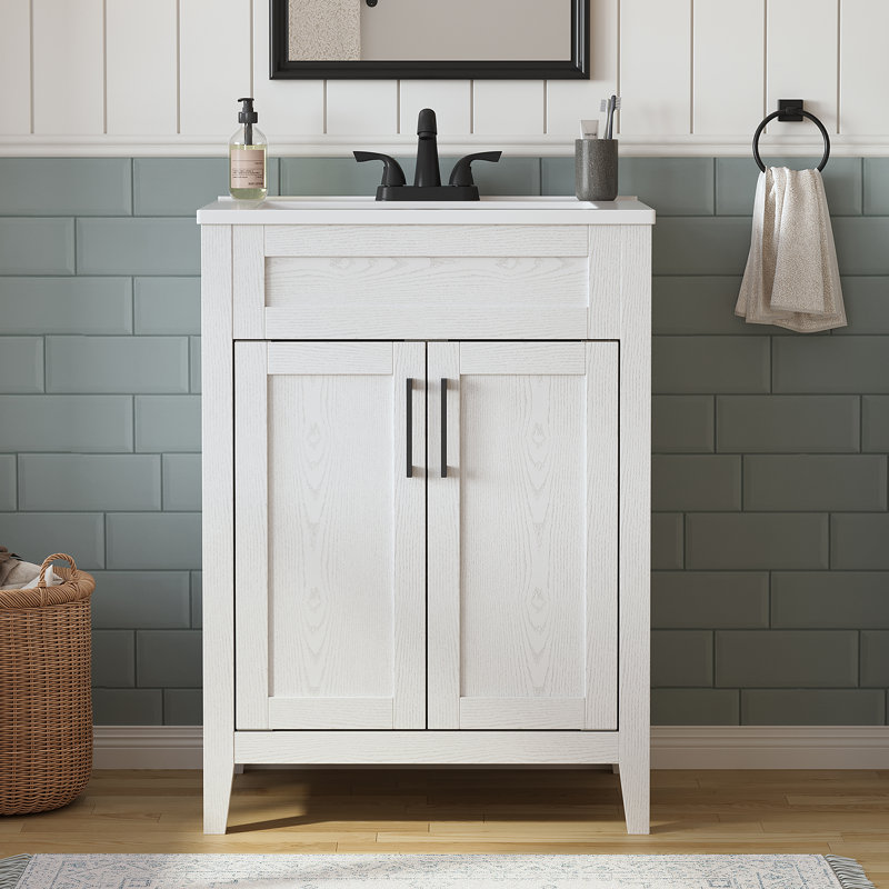 Meuble-lavabo de salle de bain pliable en chêne blanc 24 po Adria avec plateau en composite