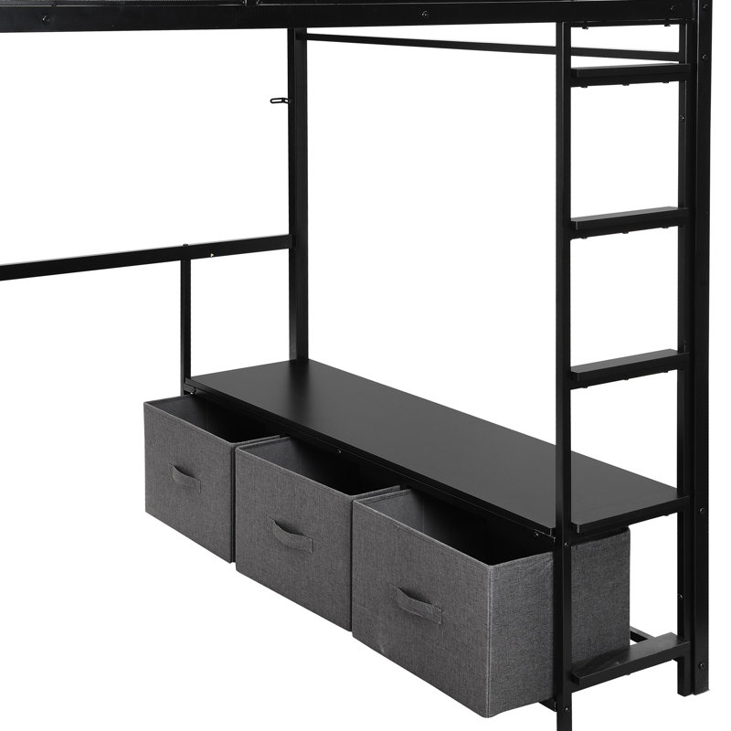 Lit mezzanine en métal pleine grandeur avec DEL, bureau, garde-robe ouverte et 3 tiroirs de rangement - garde-corps en maille pour lin noir