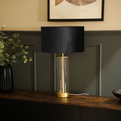 Simonetta Matt Gold and Clear Tube Table Lamp with Blush Velvet Reni Shade and 6W GLS Warm White Bulb