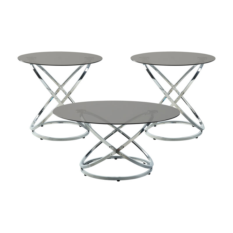 3 tables d'appoint de style moderne avec plateau en verre trempé et base en métal