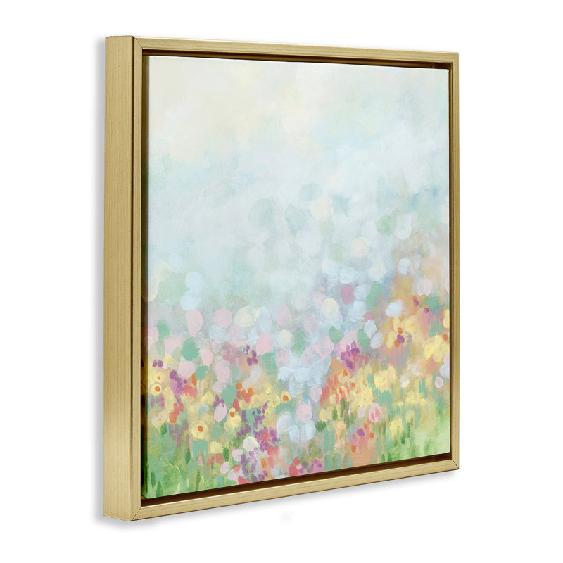 Art abstrait abstrait sur toile, "Meadow Floater" par June Erica Vess, H 18 po x l 18 po, Cadre flottant métallique doré