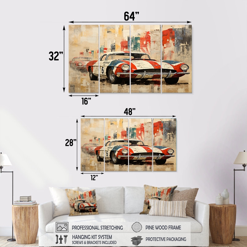 «Red Car 1950 Race Car Tracks I» - ensemble d'art mural 4 pièces, H 28 po x l 48 po