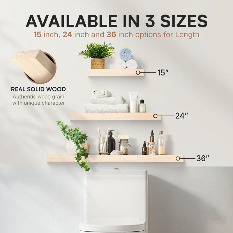 Unfinished Floating Shelves - DIY Solid Wood for Custom Staining Projects, 1.5" H x 15" W x 6.5" D