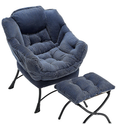 Lazy Chair with Ottoman, Modern Lounge Accent Chair with Armrests and a Side Pocket, Leisure Upholstered Sofa Chair Reading Chair with Footrest for Small Space, Corner Chair-Grey