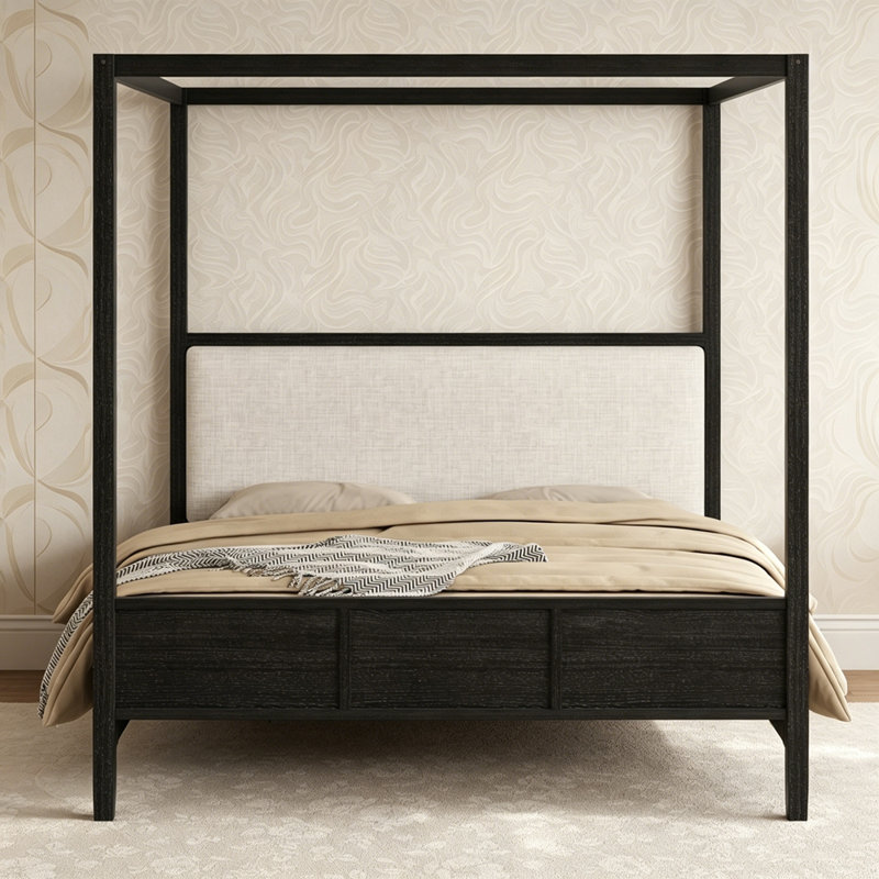 Lit plateforme à baldaquin en bois avec tête de lit tapissier, aucun sommier nécessaire, Grand lit, Noir