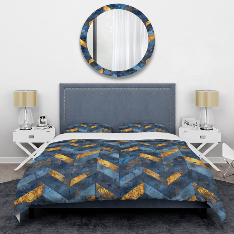 Ensemble de housse de couette à chevrons bleu doré et doré Glam IV, Housse de couette très grand + 2 taies décorativ