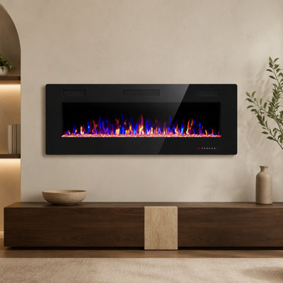 50 Inch Electric Fireplace Wall Mounted, Recessed/ Semi-Recessed Electric Fireplace Heater With Realistic 3-Sided Led Flame, 12 Flame Colors & 12 Ember Bed Colors, 750W/1500W, Remote Control, For Living Room, Bedroom