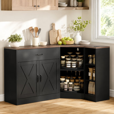 Meuble-bar de coin de style ferme de 120 cm avec plateau tournant à 2 niveaux, prise électrique, tiroir et étagères de rangement, noir