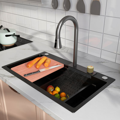 29.5" Stainless Steel Workstation Kitchen Sink with Waterfall Flying Rain Pull-Out Faucet