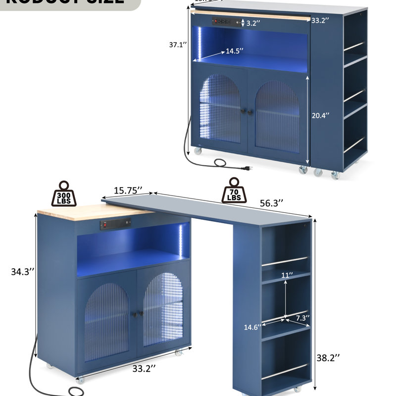 Kitchen Island On Wheels With Extended Tabletop, Led Lights, Power Outlets, Fluted Doors, Navy Blue Modern Sockets, Glass Storage,