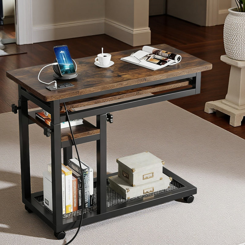 Table d'appoint avec roulettes, table mobile en C durable, bureau étroit, station de charge pratique