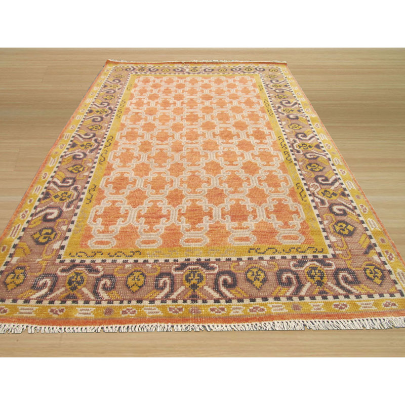 Tapis traditionnel orange en laine noué à la main Daandre, Rectangle 9 pi x 12 pi