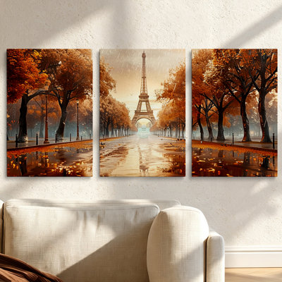 Ensemble de 3 toiles murales romantiques représentant la Tour Eiffel et une rue de Paris, pour le salon (40 x 90 cm).