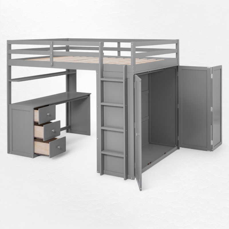 Lit mezzanine avec bureau intégré et garde-robe, Double, Gris