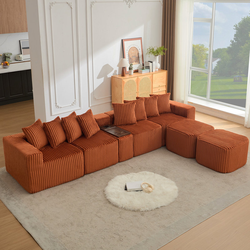 [NEW ARRIVED] [VIDEO PROVIDED] 137.5" U Shaped  Sofa , USB & Wireless Charge, Coffee Table Board With A Cup Holder, Oversize Movable Modular Sofa,Movable Footstool,No Assembly,6 Seats,Corduroy,Orange