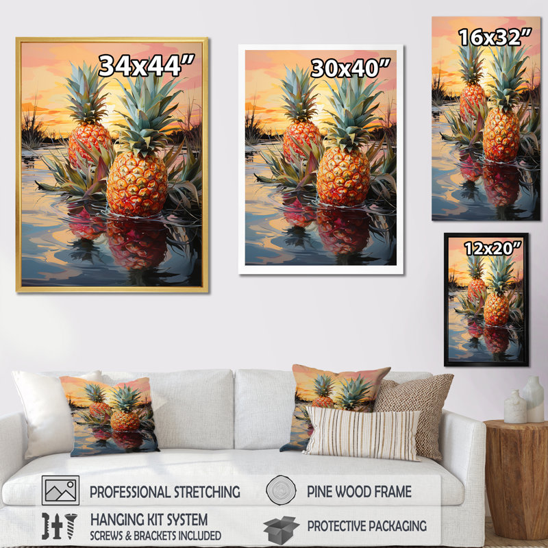 «Sunny Pineapple Serenade Lakeside», reproduction sur toile, Cadre flottant doré, H 20 po x l 12 po x P 1 po