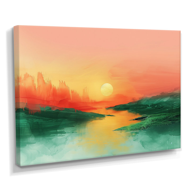 «Green», magique, coucher de soleil, lac, désert, art mural, H 24 po x l 32 po x P 1 po, Toile tendue