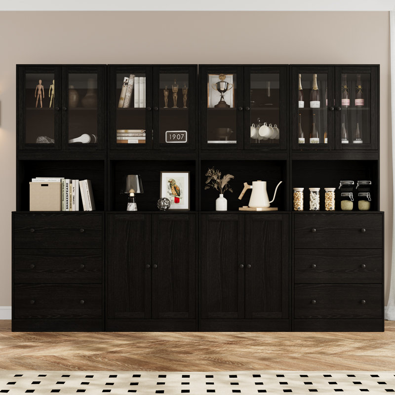Bibliothèque à livres, bibliothèque moderne à 5 niveaux avec 3 grands tiroirs et porte en verre (2A + 2B), Noir