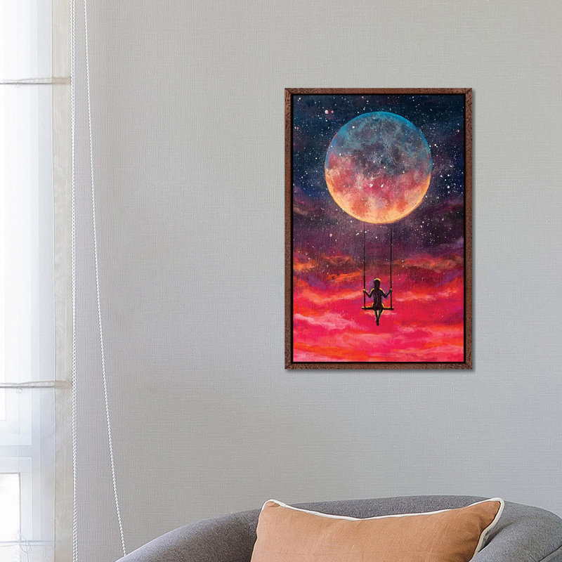 Girl Guy Man Riding On Big Moon Planet Earth by Valery Rybakow - Painting on Canvas, 66.04cm H x 45.72cm W x 3.81cm D
