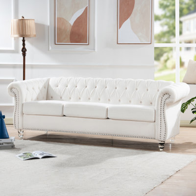 83.88" White Rolled Arm 3 Person . Adheres To Us Tb117. Staggered Deep Pull Buckles For Even Stress Distribution. Birch Legs With Paint Seal Easy Stain Elimination. Solid Wood + Plywood Interior.