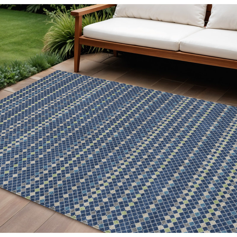 Tapis extérieur lavable rayé bleu marine et vert menthe 10 pi x 14 pi