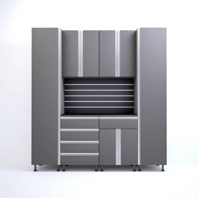 Solution de rangement de qualité supérieure pour armoires de garage de 7 pi avec pieds réglables, tiroir et porte à fermeture en douceur, poignées intégrées, fabrication de boîte en contreplaqué robuste, organisateur d'outils et d'équipement