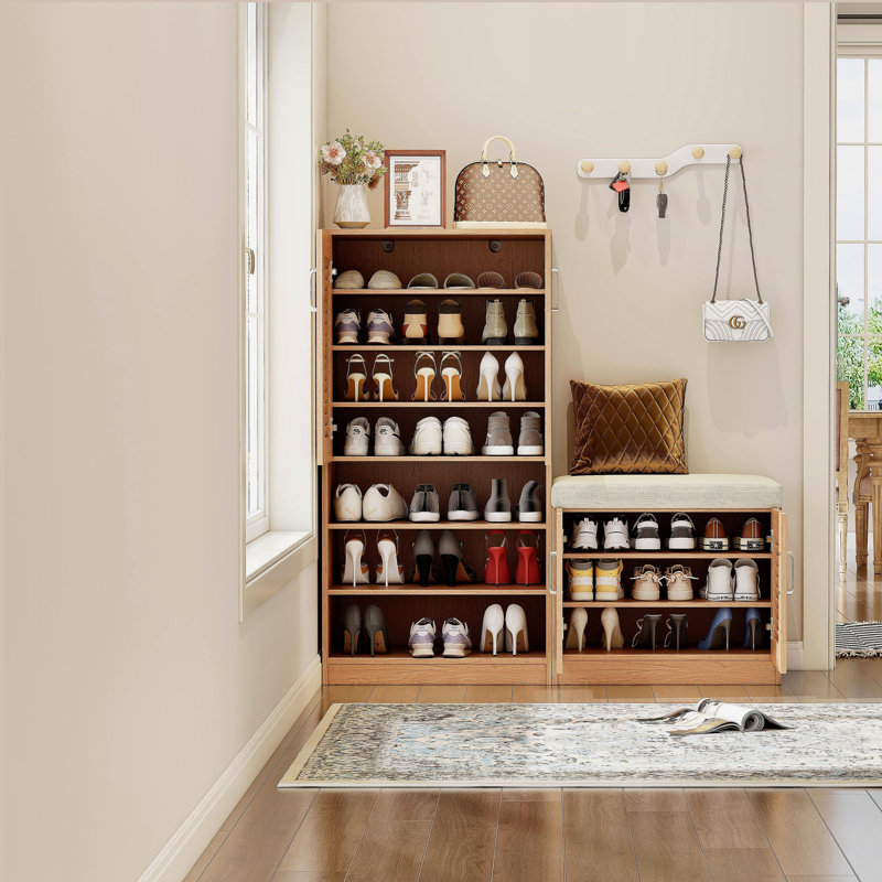 Armoire de rangement pour chaussures multifonctionnelle avec banc et compartiment de rangement 7 + 3, planche à couches réglable, banc à chaussures avec coussin