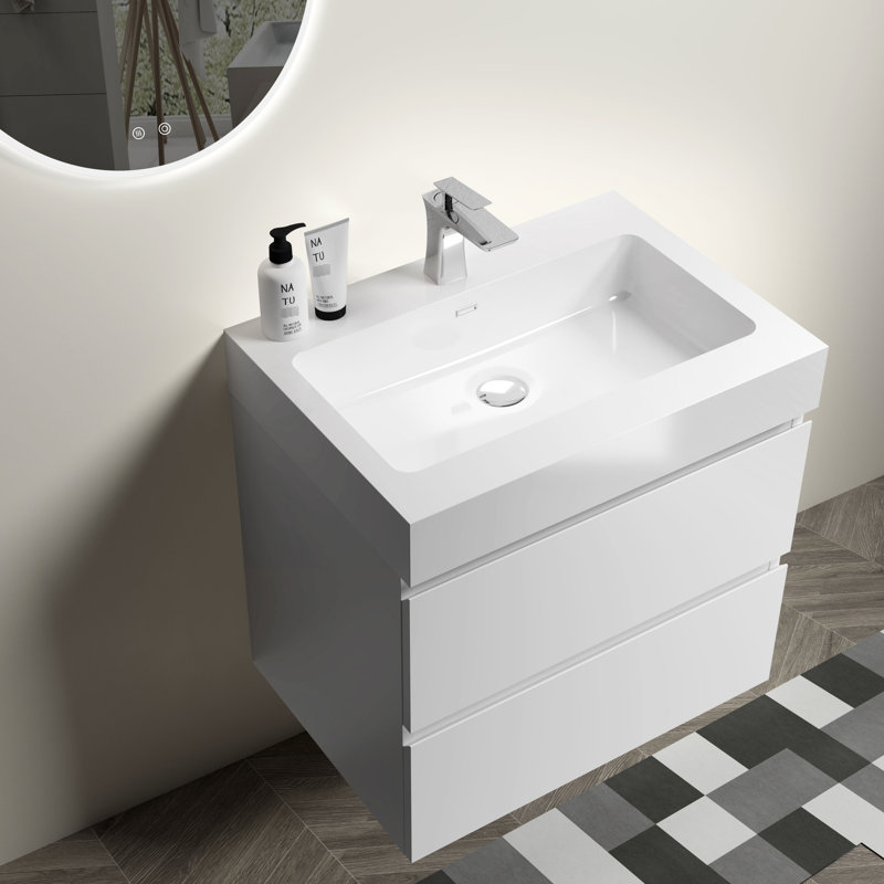 Élégant lavabo intégré à surface solide en blanc brillant - rehausse le style de la salle de bain sans drain ni robinet inclus