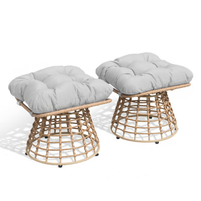 Ensemble de 2 repose-pieds de patio pivotants, tabourets en rotin PE à 360 ° avec coussins, tabourets d'extérieur à usages multiples
