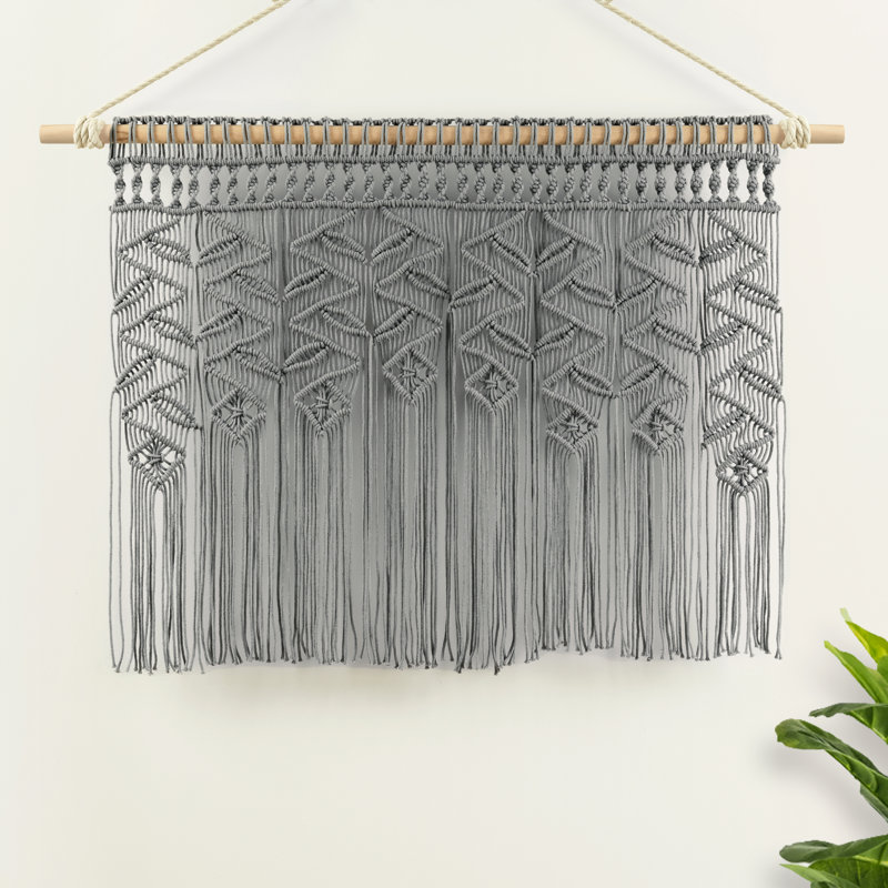 Boho Macrame Leaf Cotton Tailored Kitchen Curtain, Gray