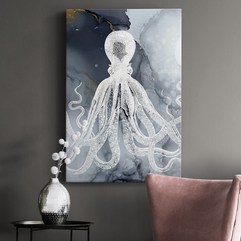 Octopus Ink I, toile tendue avec châssis de qualité supérieure - prête à être accrochée, H 27 po x l 16 po x P 1,5 po