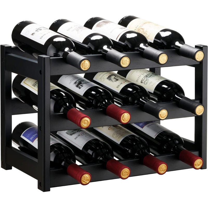 Support à vin en bambou, étagère d'armoire à vin robuste et durable, comptoir à vin pour garde-manger, cuisine, support à vin à 3 niveaux et 12 bouteilles - noir