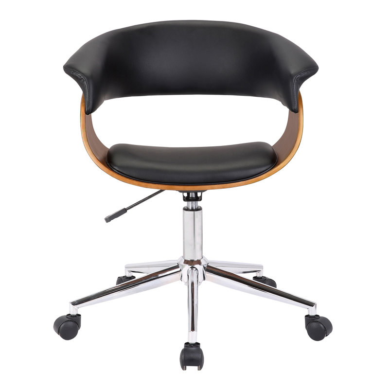 Casler Mid-Century Office Chair with Open Back in Faux Leather, Walnut Veneer and Chrome Finish, Black