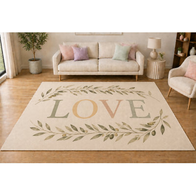 Tapis « Ultra Fin » 152 x 213 cm (5 pi x 7 pi) Olive Branch LOVE, tapis d'intérieur doux à poils courts avec envers antidérapant en silicone pour salon, chambre, salle à manger, bureau, salle familiale, crème et vert olive