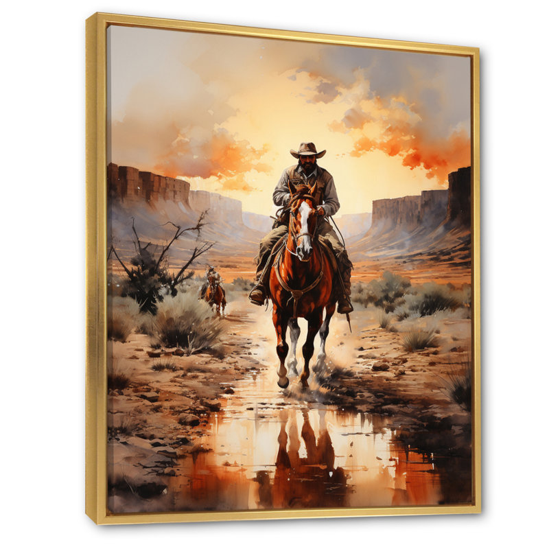Mabe Cowboy Chassant le coucher du soleil II - Cowboys, art mural, H 32 po x l 24 po x P 1 po, Cadre flottant doré