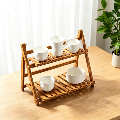 Organisateur de station de café en bambou à 2 niveaux, porte-gobelet de comptoir et présentoir, tablette de rangement pliable pour la cuisine, le salon, le bureau et le support à pot de fleurs