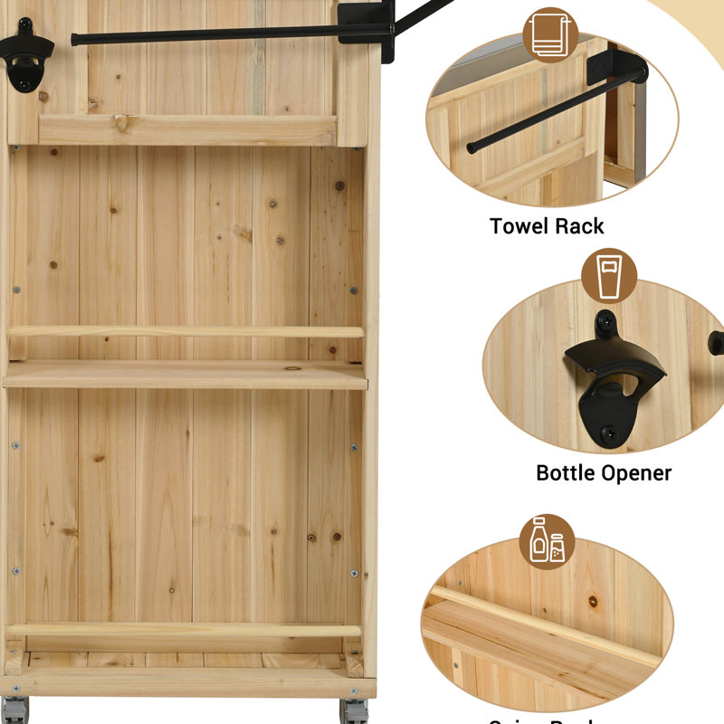 Practical Outdoor Kitchen Hub - Fir Wood Build, Stainless Steel Foldable Top, Storage Options, Towel & Spice , Bottle Opener, Transportable With Lockable Wheels Island Wood, Counter, Abundant