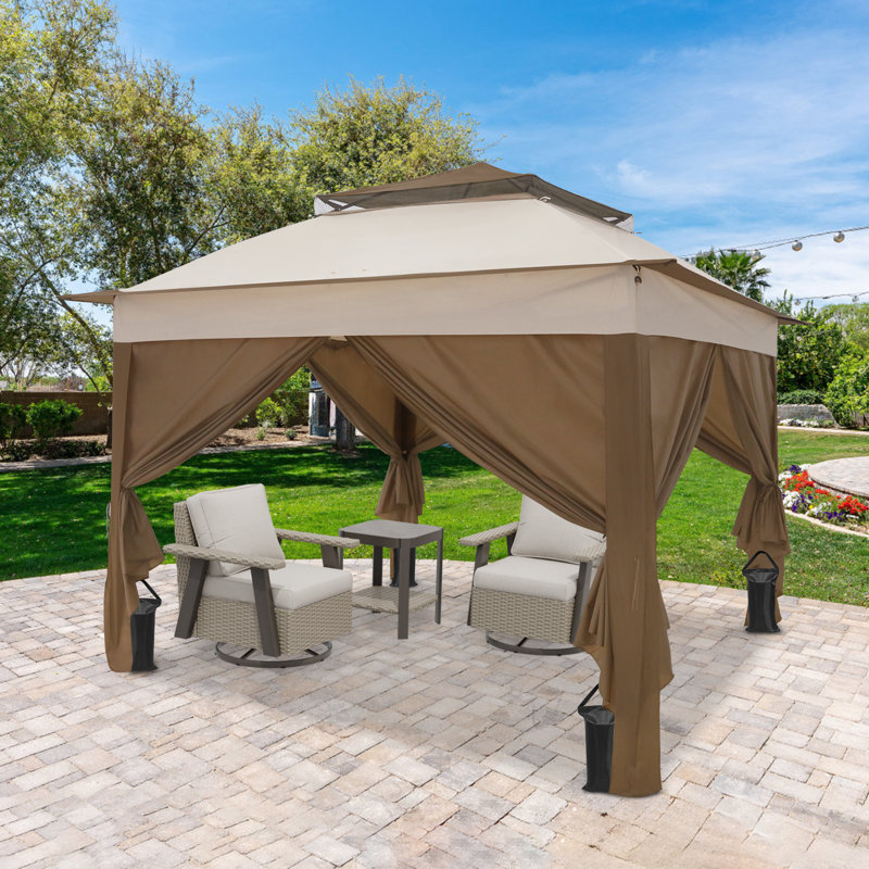 11x11 ft Patio Pop Up Canopy Gazebo with Side Walls, Outdoor Shelter Tent with Carry Bag and Weights, Beige
