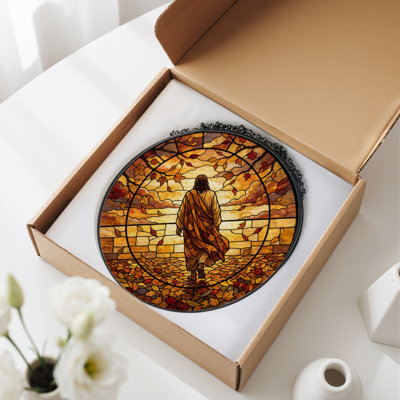 Autumn Walk Stained Glass Window Panel，12"H