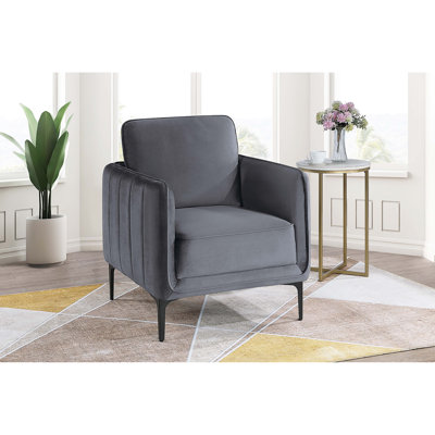 Chaise d'appoint classique grise 1pc avec capitonnage vertical sur les côtés, pieds en métal et rembourrage en fibres, dossier de lecture rembourré en velours confortable, rembourrage, décoration intérieure moderne