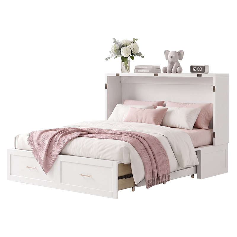 Grand lit escamotable, lit armoire intelligent avec station de charge USB et matelas à trois volets, tiroirs de rangement pour la maison